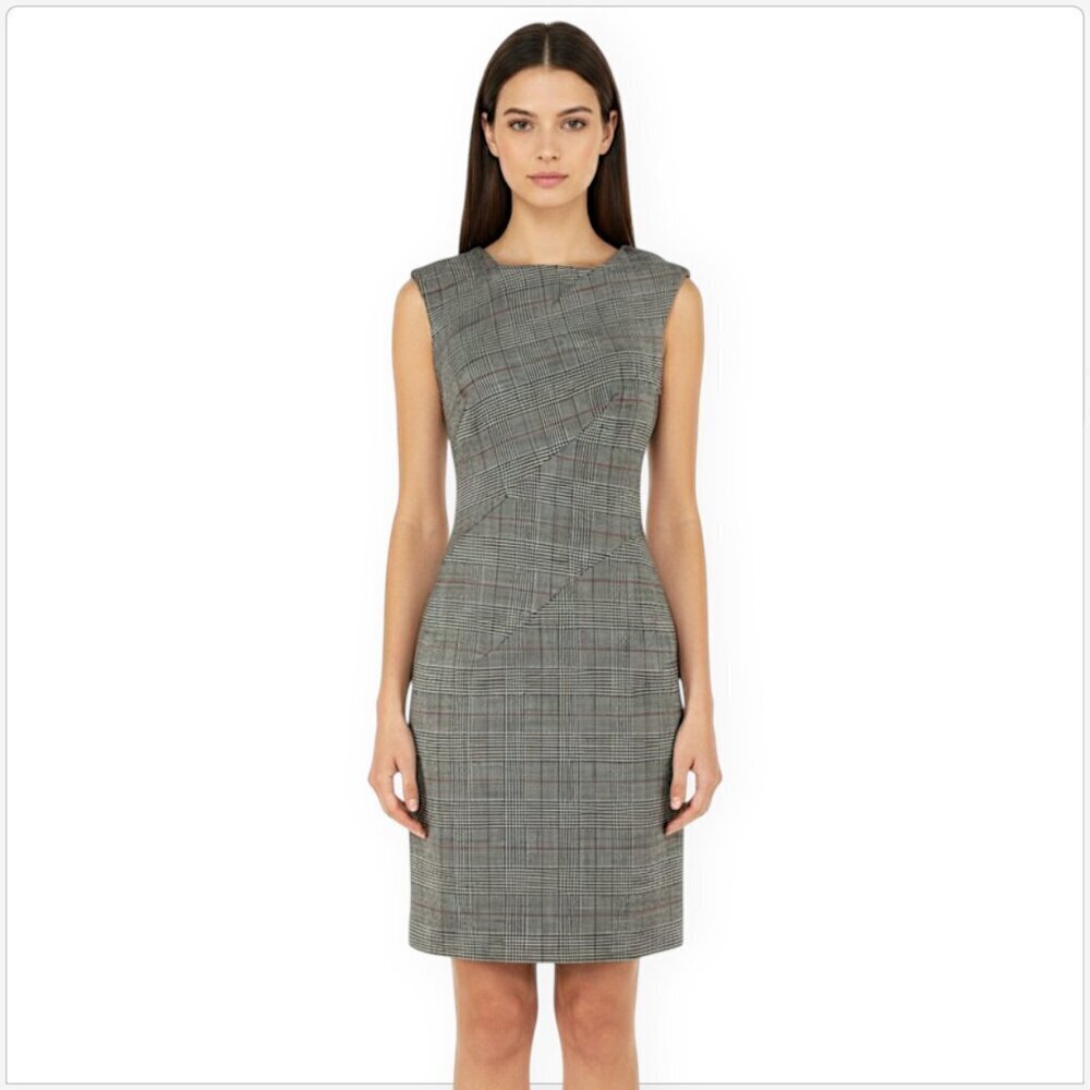 Paule Ka Paris Wool Checked Plaid Sheath Stretch Fitted Sleeveless Dress New 38